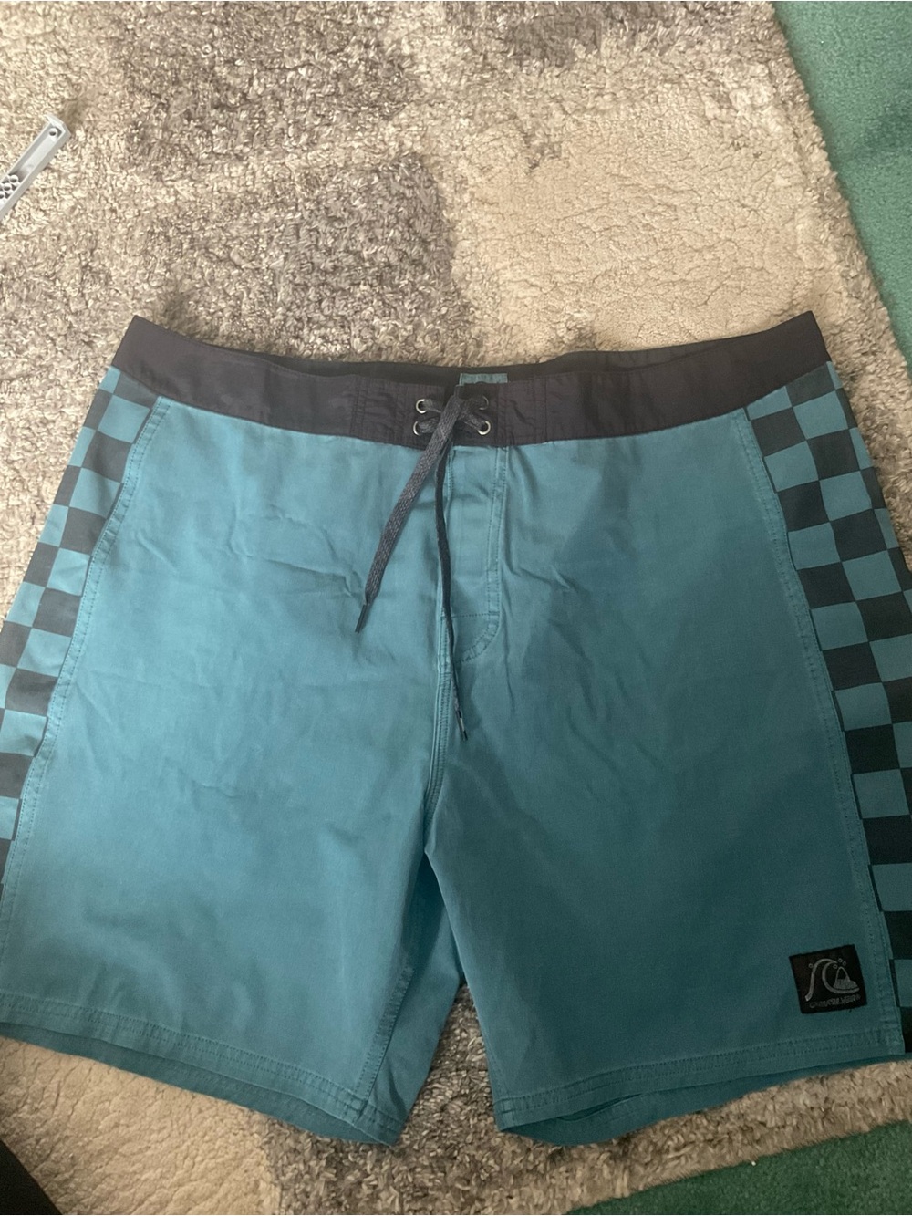 Quiksilver Teal Swim Board Shorts with Black Check Side Panels